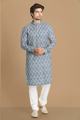 MANYAVAR Men Printed Straight Kurta(Blue)