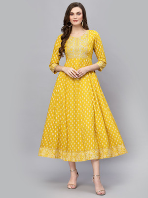 Stylum Women Embroidered, Floral Print Anarkali Kurta(Yellow)