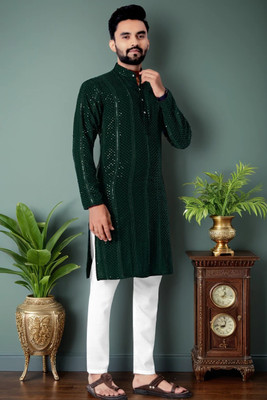 TRANDTIDE Men Embroidered Straight Kurta(Green)