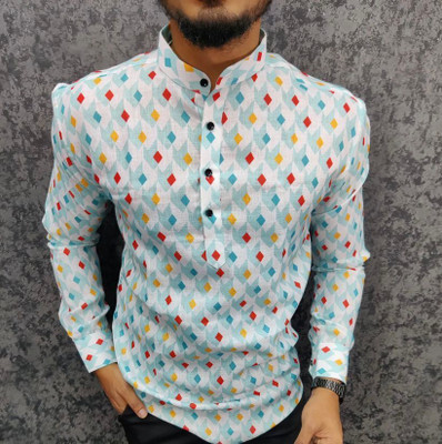 ISUELFAB Men Printed Straight Kurta(Light Blue)