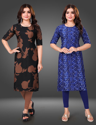Tashvi Creation Women Printed Straight Kurta(Dark Blue)