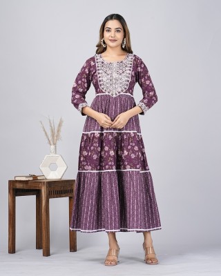 HouseOfCommon Women Printed, Embroidered Flared Kurta(Purple, White, Dark Green)