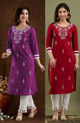 vikshi Women Embroidered Straight Kurta(Multicolor)