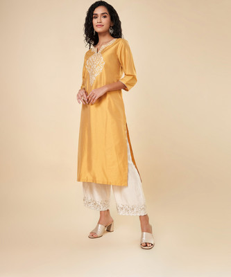 Rangmanch by Pantaloons Women Embroidered A-line Kurta(Yellow)