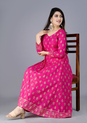 VMS Fashion Women Printed Anarkali Kurta(Pink, Gold)