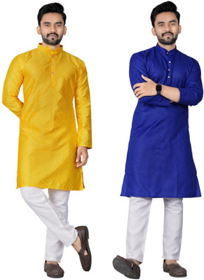 DHASU TRENDZ Men Solid Straight Kurta(Yellow, Blue)