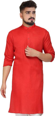 HouseOfCommon Men Solid A-line Kurta(Red)