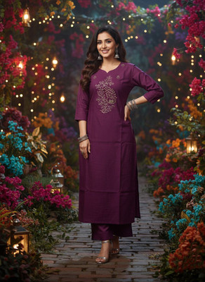 KAAYA CREATION Women Embroidered Trail Cut Kurta(Purple)