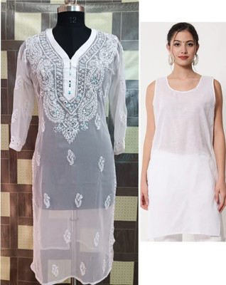 Neelam Chikan Women Chikan Embroidery Straight Kurta(White)