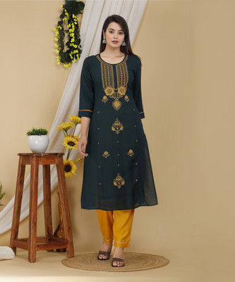 Mehsoos Women Embroidered Straight Kurta(Yellow, Dark Green)