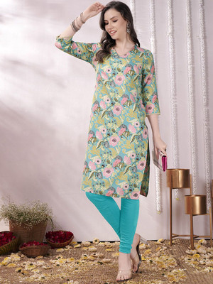 ANOUK Women Floral Print Straight Kurta(Light Green)