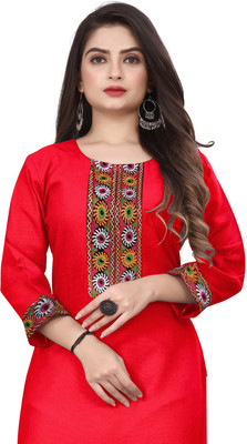 HF HOLYDAY FASHION Women Embroidered Straight Kurta(Red)