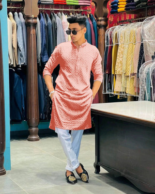 ORIFAB Men Embroidered Straight Kurta(Orange)