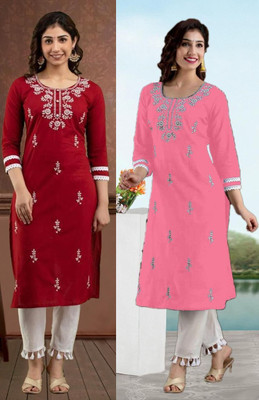 vikshi Women Chikan Embroidery Straight Kurta(Multicolor)