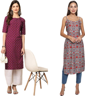 KAUTAQI Women Striped, Printed Straight Kurta(Multicolor)