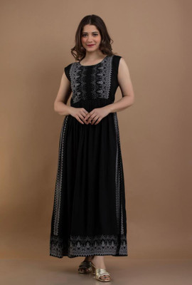 MACHLA Women Printed Flared Kurta(Black)