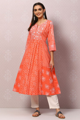 BIBA Women Printed Flared Kurta(Orange)