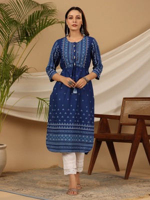 Juniper Women Geometric Print Straight Kurta(Blue)