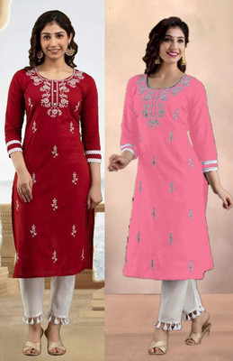 vikshi Women Chikan Embroidery Straight Kurta(Multicolor)
