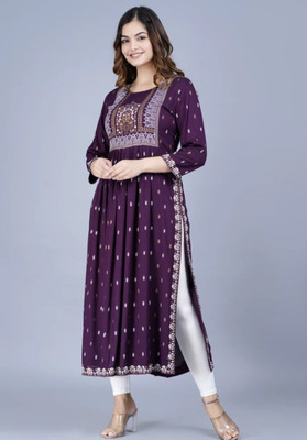 khatuking Women Printed A-line Kurta(Purple)
