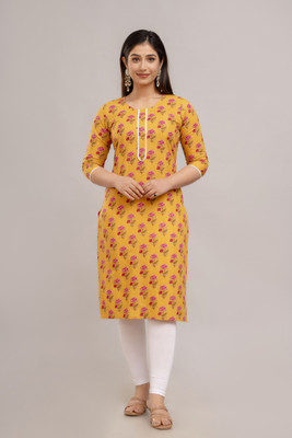 Jouglowriyaa Women Printed Straight Kurta(Yellow)