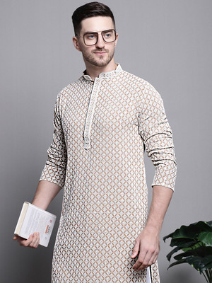 Jompers Men Embroidered Straight Kurta(White, Beige)