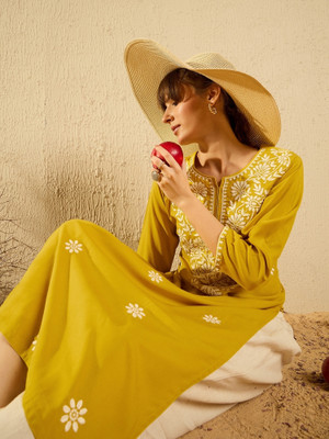 Indo Era Women Embroidered Straight Kurta(Yellow)