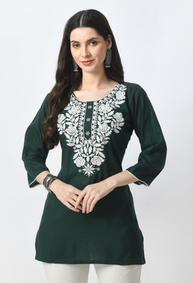 LIBOZA Women Embroidered A-line Kurta(Dark Green)