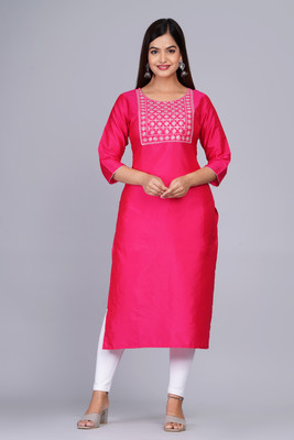 WELCOMEKURTIS Women Embroidered Straight Kurta(Pink)