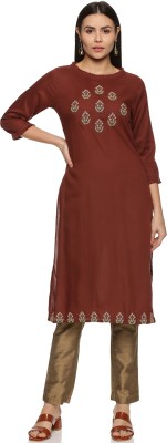 HAY Women Embroidered Straight Kurta(Brown)