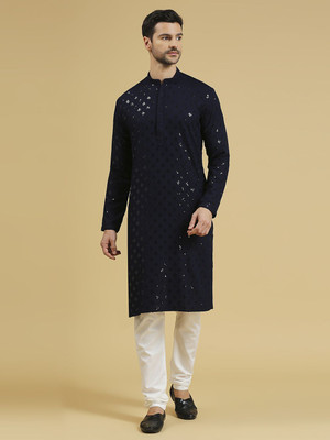 Rajubhai Hargovindas Men Embellished Straight Kurta(Dark Blue)