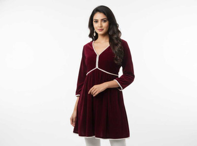 RuhaniThreads Women Solid, Embellished Anarkali Kurta(Maroon)