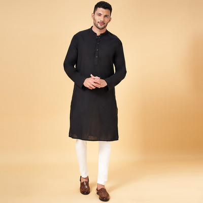 Indus Route by Pantaloons Men Solid A-line Kurta(Black)