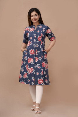 AARIKAARI Women Floral Print A-line Kurta(Blue)