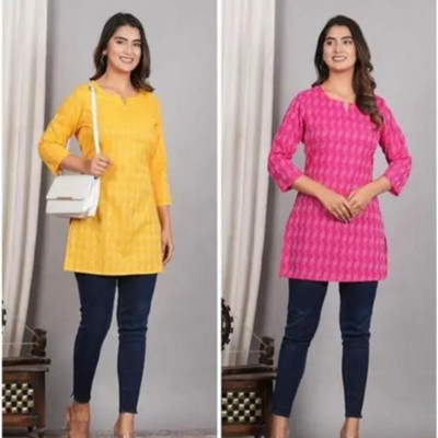 NN COLLECTION Women Woven Design A-line Kurta(Pink, Yellow)