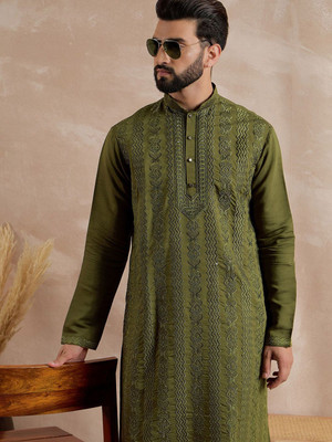 ANOUK Men Floral Print Straight Kurta(Green)