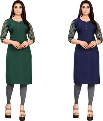 HouseOfCommon Women Solid Straight Kurta(Dark Green, Blue)