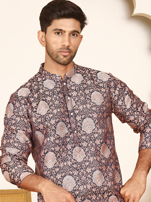 Jompers Men Woven Design Straight Kurta(Orange)