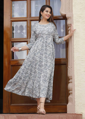 Arangetran Women Embroidered Anarkali Kurta(Grey, White)
