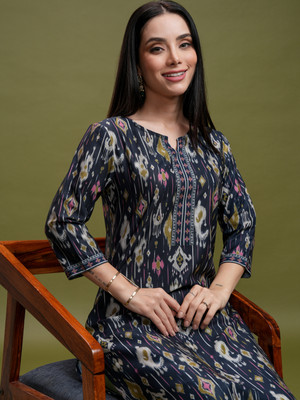 Vishudh Women Printed Straight Kurta(Blue)