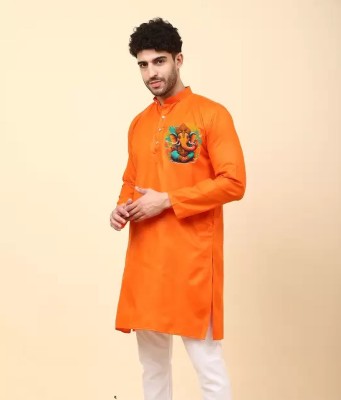 GauriLaxmi Enterprise Men Printed Straight Kurta(Orange)