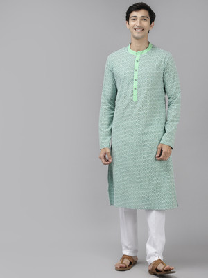 Fashvio Men Printed Straight Kurta(Light Green, White)