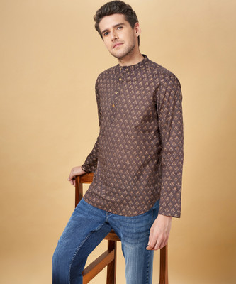 YU by Pantaloons Men Printed Straight Kurta(Brown, Beige)