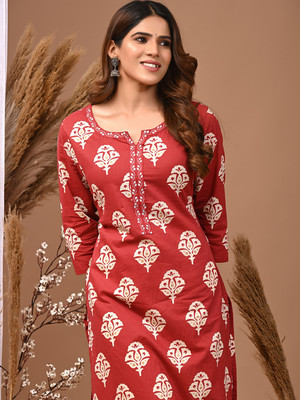 Raindrop Women Printed Straight Kurta(Red)