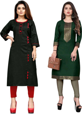 AAIKHODAL Women Printed Straight Kurta(Black, Green)