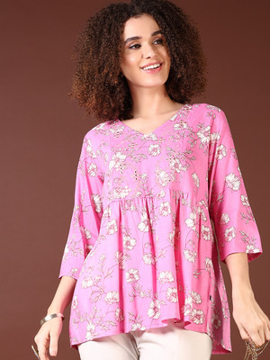 V-MART Women Printed A-line Kurta(Pink)
