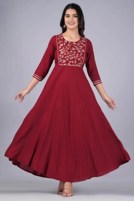 HouseOfCommon Women Printed Anarkali Kurta(Maroon)