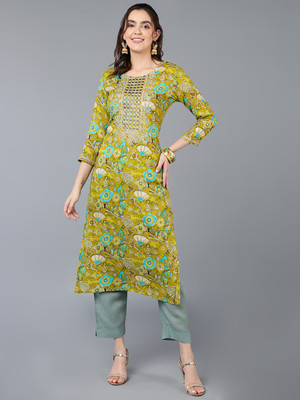 AHIKA Women Embroidered Straight Kurta(Green)