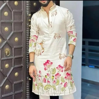 PINYFASION Men Printed A-line Kurta(White)