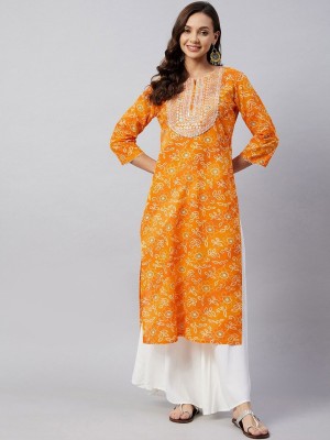 InWeave Women Printed Straight Kurta(Orange)